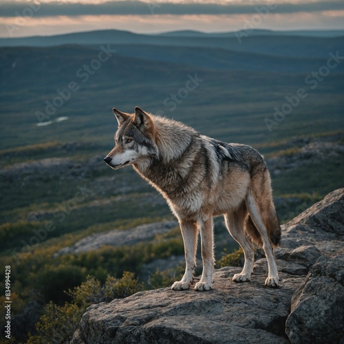 A majestic gray wolf standing on a rocky outcrop overlooking a vast  rugged landscape.  