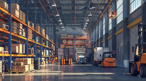 busy warehouse interior with forklifts pallet racks tiedup distribution trucks industrial logistics supply chain inventory management concept realistic 3d illustration photo