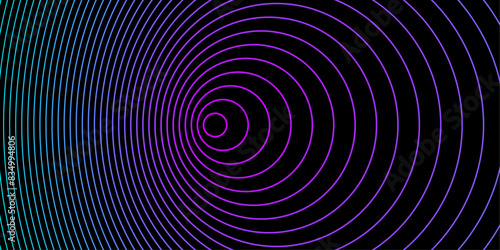 Abstract music background with concentric circles blue purple color pulse geometric loopable line on a black background. Endless radio waves. Radar sonar ring vector design.