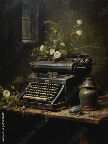 Dark Academia: Typewriter and Flowers