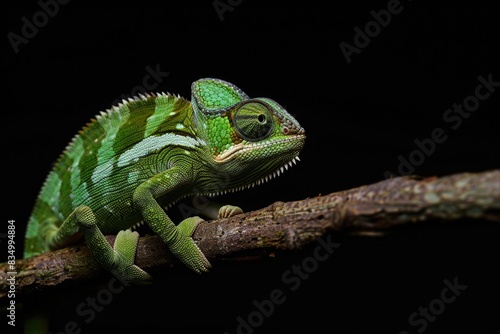 A green chameleon on isolated black background.