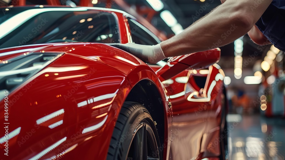 closeup of auto body mechanic carefully buffing scratch on red sports car professional vehicle repair service closeup of auto body mechanic carefully buffing scratch on red sports car professional vehicle repair service