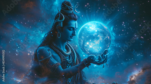 Cinematic illusion of Lord Shiva's in space universe, holding a glowing blue sphere planet as Sirius, galaxy, aura surround, floating objects, magnetic field, quantum, spectral light body, interwoven