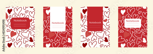 Set of cover designs for notebook, notepad, book, catalog with many hearts.Template for girl and school in red and white colors. Vertical format A4,A5.