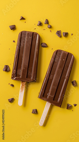 Two ice creams in chocolate glaze on a yellow background