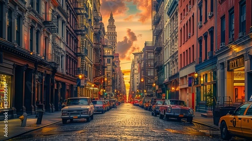 colorful soho street at sunset with illuminated buildings and vintage cars new york city photography