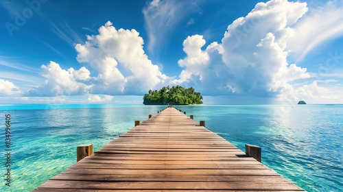 Fototapeta Naklejka Na Ścianę i Meble -  Wooden pier to an island in ocean against blue sky with white clouds, Beautiful tropical landscape background, concept for summer travel and vacation. , panoramic view