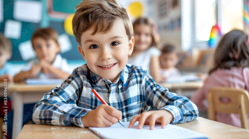 Cute little boy sitting at a desk in a classroom and holding a pen, looking happy while writing in a notebook with other children behind her. School concept Cute little boy sitting at a desk in a classroom and holding a pen, looking happy while writing in a notebook with other children behind her. School concept