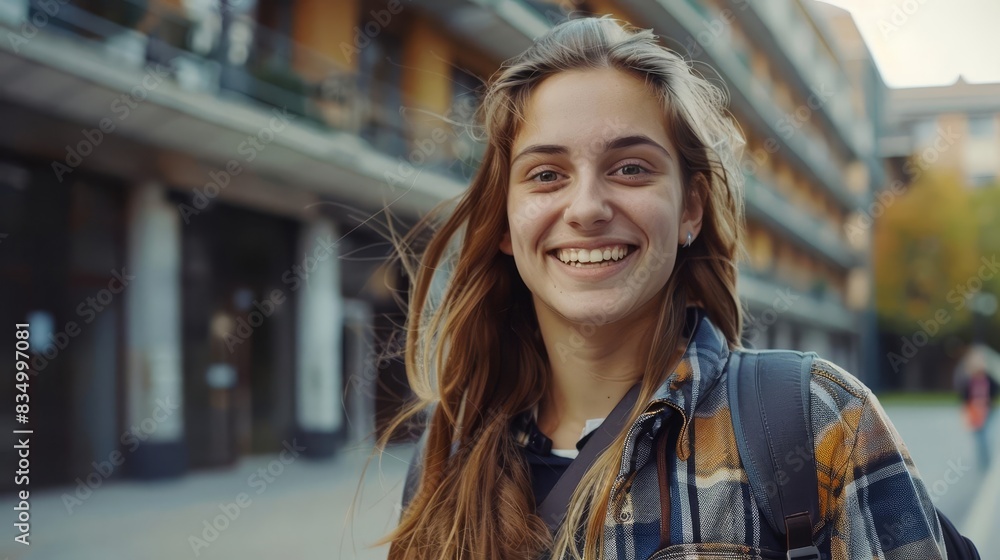 Obraz premium cute european college student with backpack standing outside campus smiling at camera