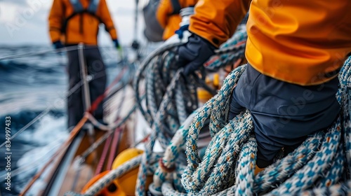 deckhands efficiently coiling ropes on a sailing boat deck teamwork and organization at sea photo