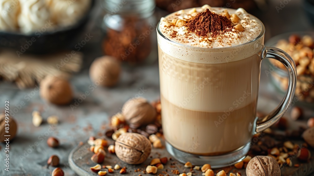 A creamy hazelnut latte, with a sprinkle of hazelnuts. A creamy hazelnut latte, with a sprinkle of hazelnuts.