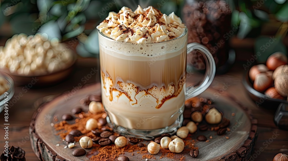 A creamy hazelnut latte, with a sprinkle of hazelnuts. A creamy hazelnut latte, with a sprinkle of hazelnuts.