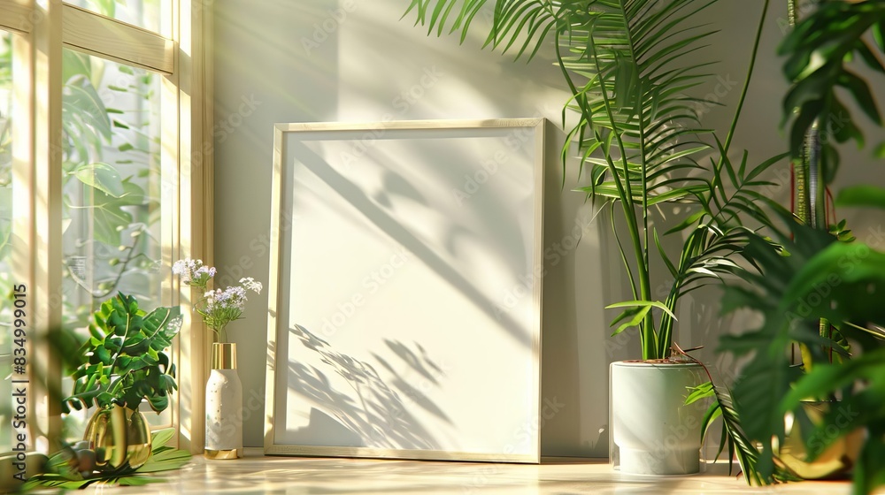 elegant mockup poster frame with lush plants and flowers in sunlit window concept illustration elegant mockup poster frame with lush plants and flowers in sunlit window concept illustration