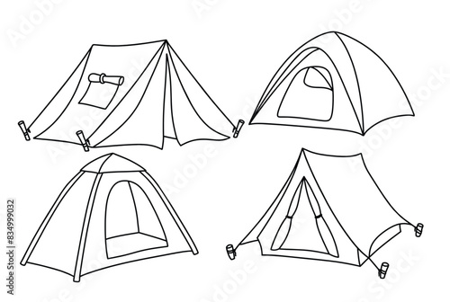 camping tent doodle icon hand drawing set vector illustration