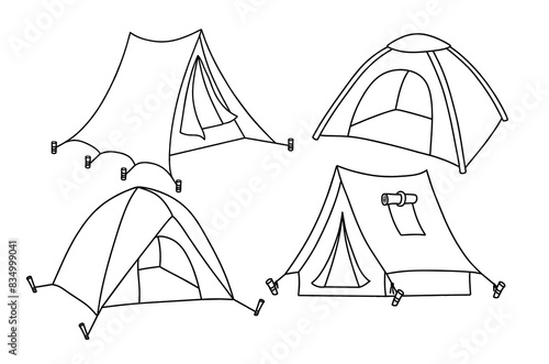 camping tent doodle icon hand drawing set vector illustration