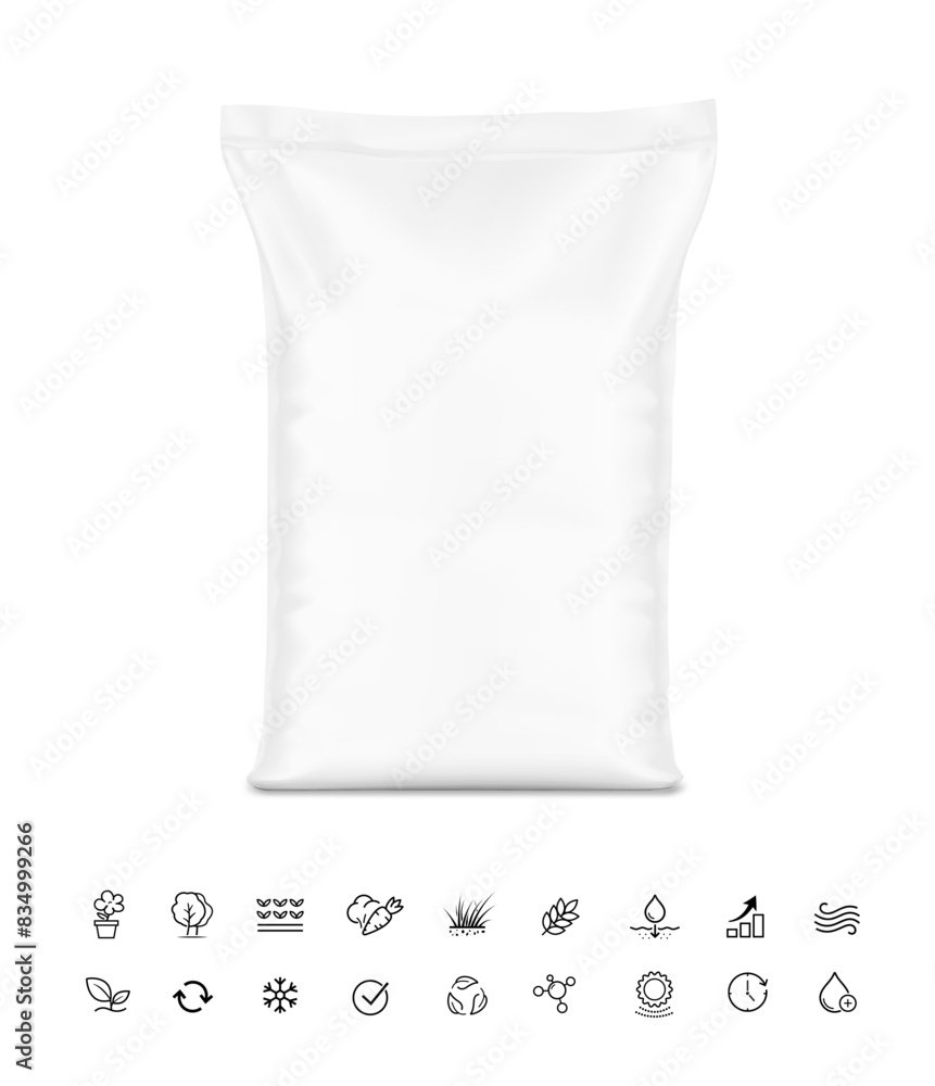 Vertical big heavy bag mockup for potting soil, chemical products with set icon. Front view. Vector illustration isolated on white background. Ready for use in presentation, promo, advertising. EPS10. Vertical big heavy bag mockup for potting soil, chemical products with set icon. Front view. Vector illustration isolated on white background. Ready for use in presentation, promo, advertising. EPS10.