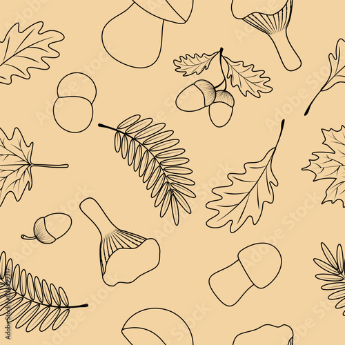 Seamless pattern with maple leaves, acorns, oak leaves, rowan leaves, ceps, mushrooms on beige background. photo