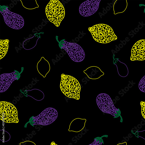 Seamless pattern with hand drawn  lemon, eggplant on black background in childrens naive style.
