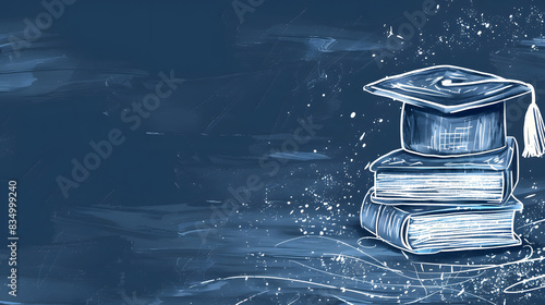 Hand drawn illustration of a graduation cap and books on a chalkboard background, with a minimalistic design concept for education and copy space photo