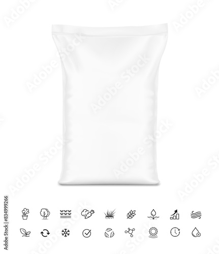Vertical big heavy bag mockup for potting soil, chemical products with set icon. Front view. Vector illustration isolated on white background. Ready for use in presentation, promo, advertising. EPS10.