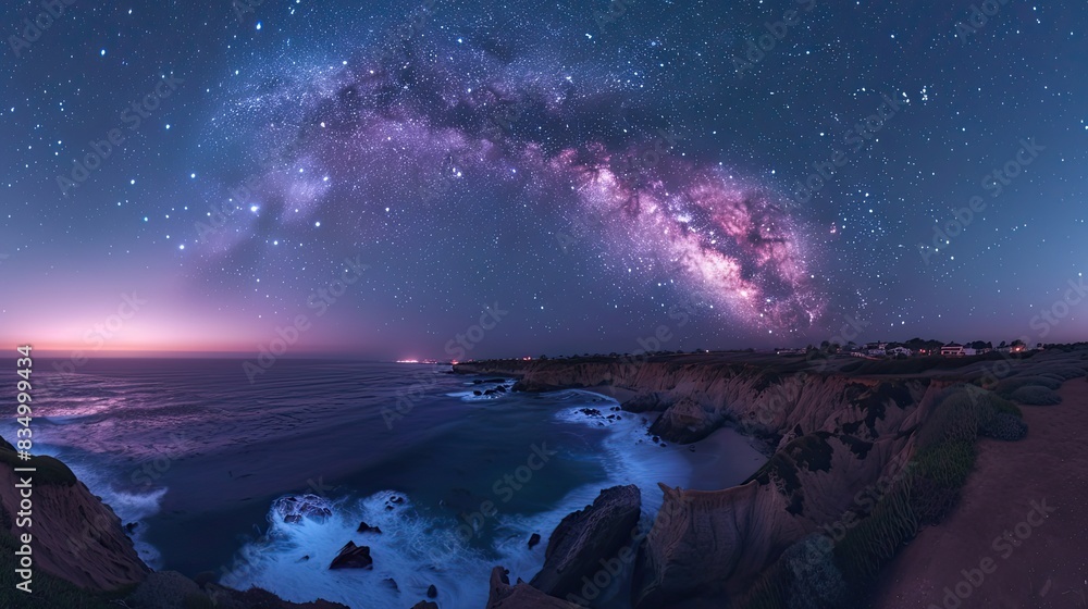 Naklejka premium A breathtaking shot of the Milky Way over a coastal headland.