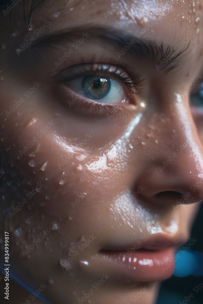 Primer plano del rostro de una joven mujer con la cara húmeda y ojos azules Primer plano del rostro de una joven mujer con la cara húmeda y ojos azules