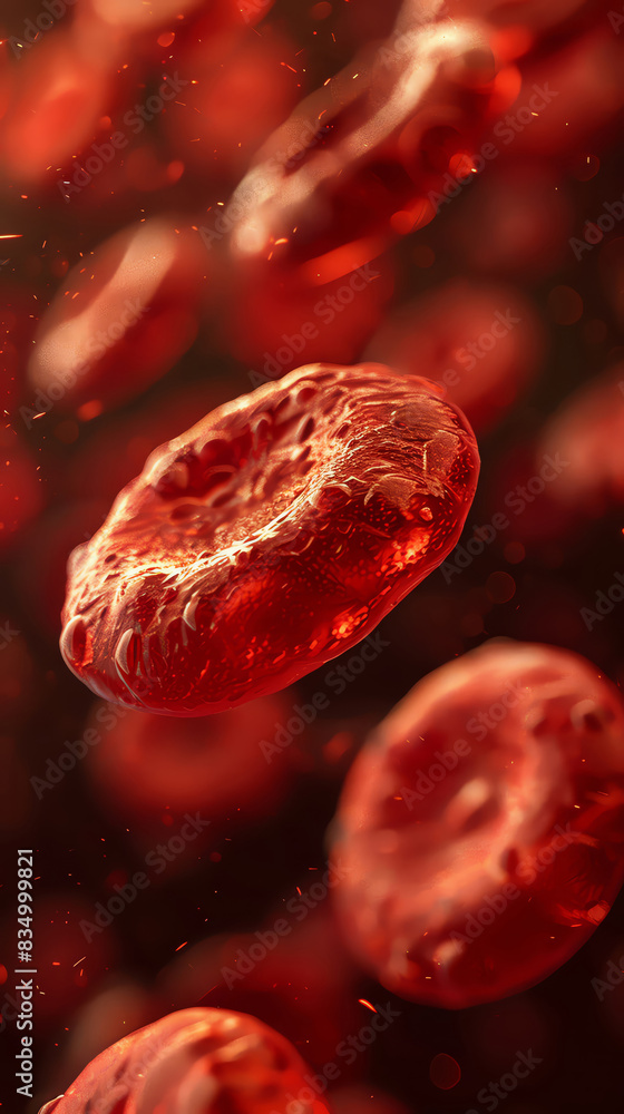 Fototapeta premium A close-up view of red blood cells in motion, highlighting their texture and structure, against a dark background.
