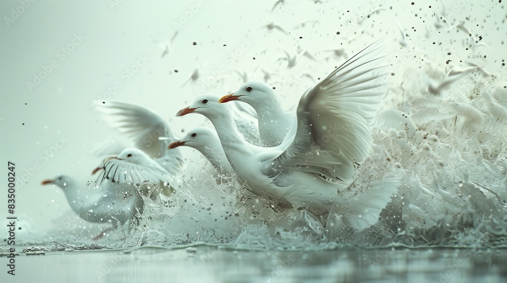 Fototapeta premium A flock of seagulls are flying through the air and splashing water