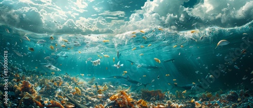 A large body of water with a lot of fish and debris floating in it © AnuStudio