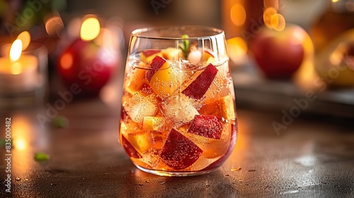 A glass of chilled sangria, with chunks of fruit. photo