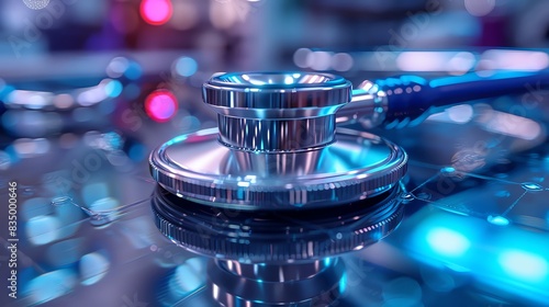 Close-up of a stethoscope on a reflective surface with colorful blurred background, representing medical diagnostics and healthcare technology. photo