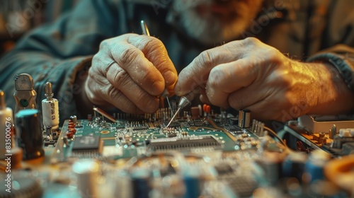 Engineer Soldering Components: Depict a close-up of an engineer soldering electronic components on a circuit board
