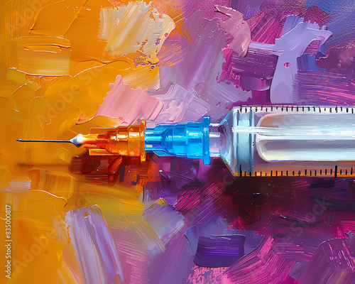 Close-up of a syringe on a colorful abstract background, blending art and medical themes for creative concepts.