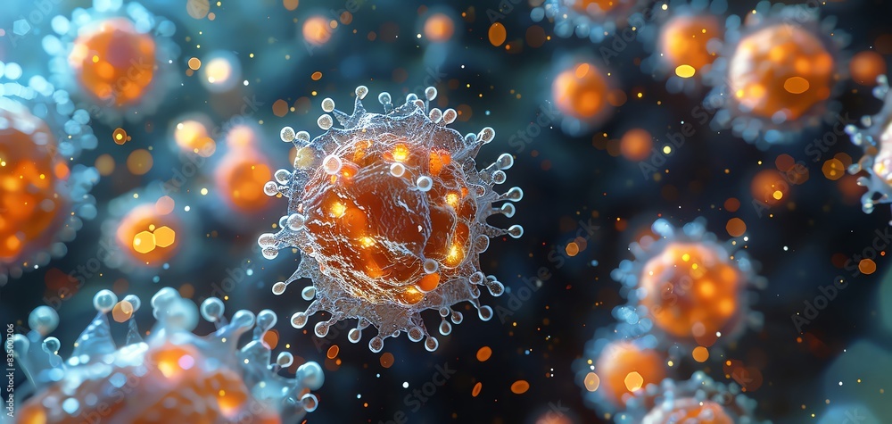 Close-up of microscopic virus particles with glowing orange and blue details, highlighting the intricate structure of viral organisms. Close-up of microscopic virus particles with glowing orange and blue details, highlighting the intricate structure of viral organisms.