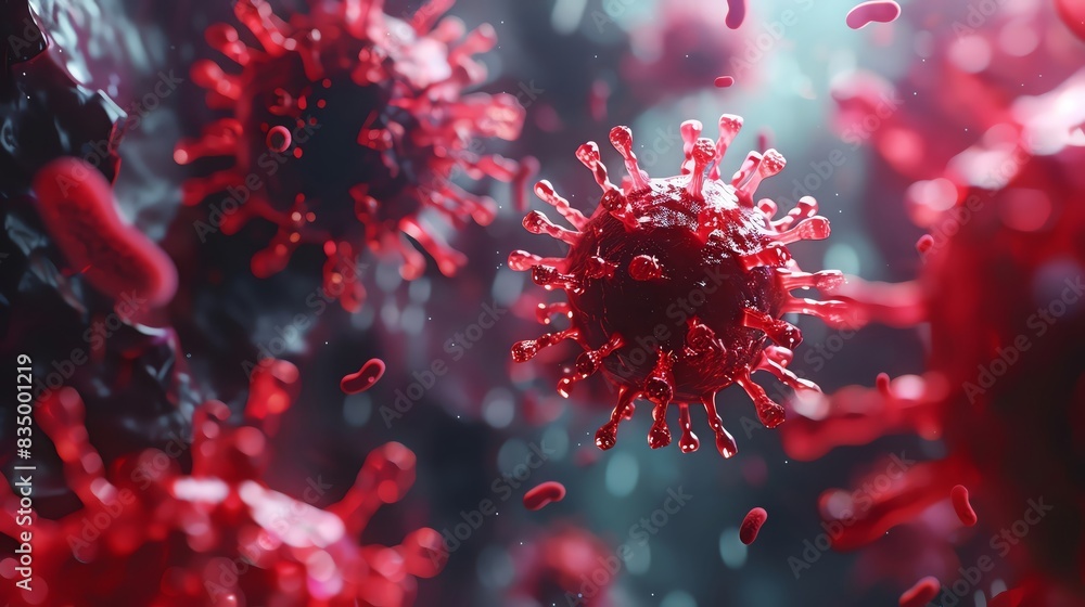 Close-up of red virus particles floating in a dark and murky environment, representing a microscopic view of a viral infection. Close-up of red virus particles floating in a dark and murky environment, representing a microscopic view of a viral infection.