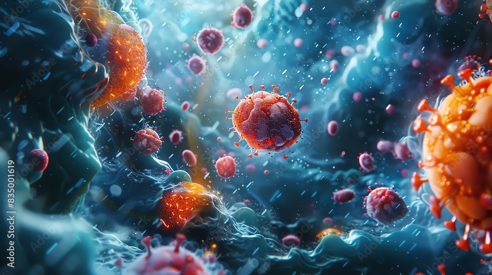Colorful 3D illustration of microscopic cells in an abstract scientific background representing a viral or bacterial infection in the body. Colorful 3D illustration of microscopic cells in an abstract scientific background representing a viral or bacterial infection in the body.