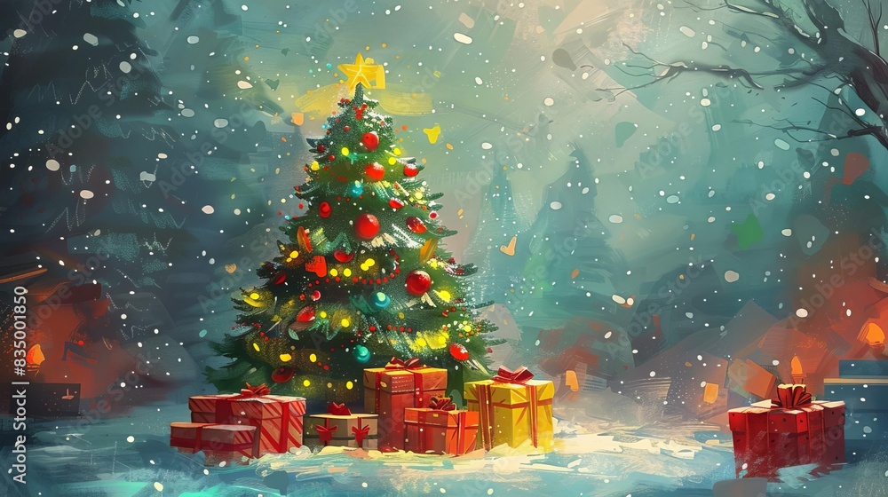 festive christmas tree with colorful wrapped gifts holiday celebration winter season family gathering merry xmas concept digital painting illustration festive christmas tree with colorful wrapped gifts holiday celebration winter season family gathering merry xmas concept digital painting illustration
