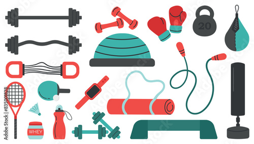 Various sports equipment. Fitness equipment, gym accessories. Dumbbells, fitness bracelet, bottle, jump rope, mat. Healthy lifestyle concept. Vector illustration of a set of sports accessories, icons 