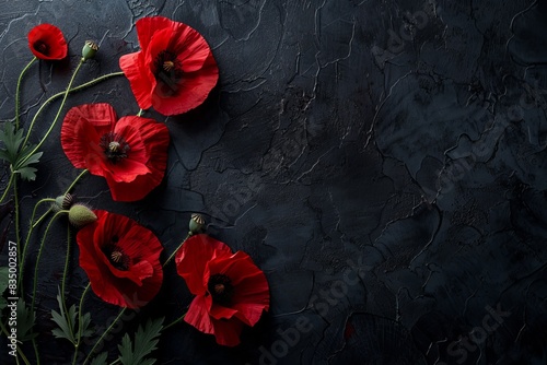 Symbolic red poppies on dark background for remembrance and anzac day, high-quality photo © Mikki Orso