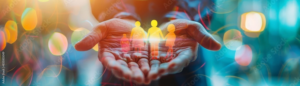 A social worker coordinating resources for a family in need close up, resource management theme, vibrant, double exposure, office backdrop