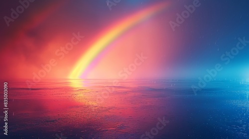 A rainbow is reflected in the water of a lake