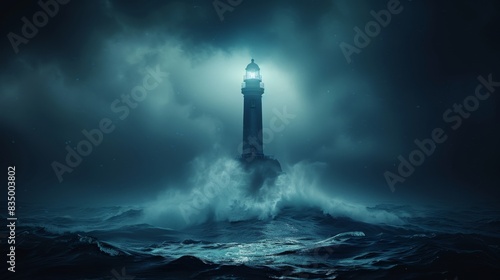 A lighthouse is shown in the middle of a stormy sea