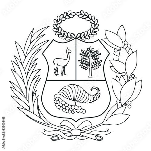 Peruvian coat of arms outline. Monochrome contour vector illustration fol logo.