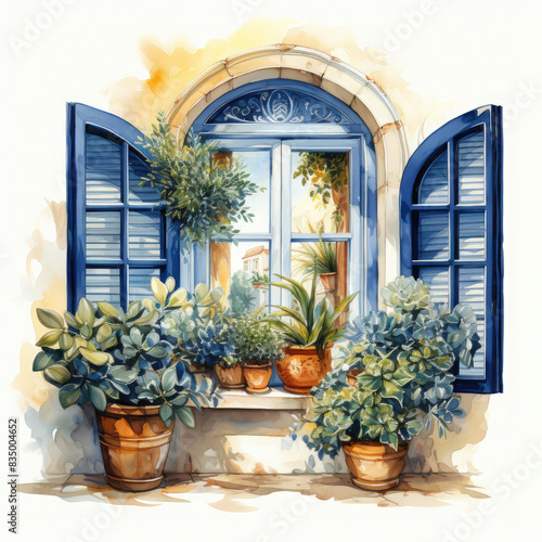 Watercolor Mediterranean Windows Illustration, Generative Ai © Artist