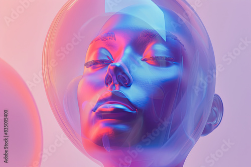Glossy female head in spheres on neon background. mental health 