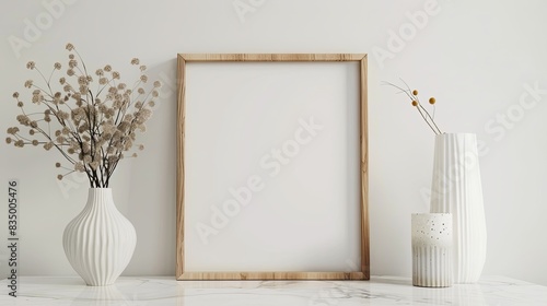 Mockup picture wooden frame and ceramic vase on white marble table in white room, copy space
