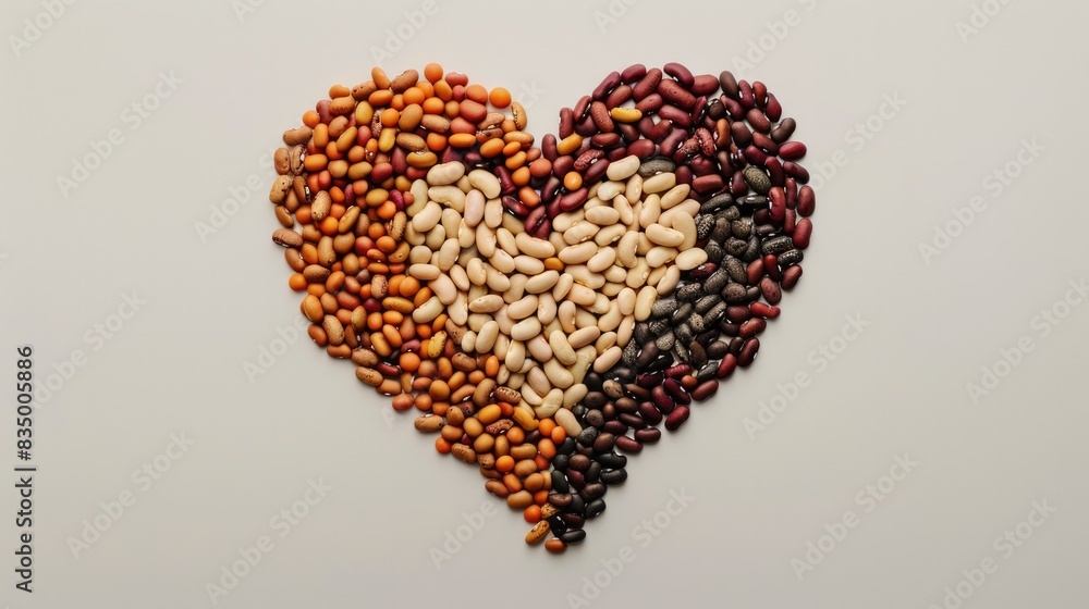 Image shows a heart made out of different types of beans. Red, white, and pinto beans are forming a heart shape. Image shows a heart made out of different types of beans. Red, white, and pinto beans are forming a heart shape.