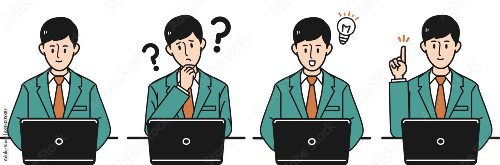パソコンを使うスーツの男性の通常・疑問・閃く・ポイントの4ポーズセット