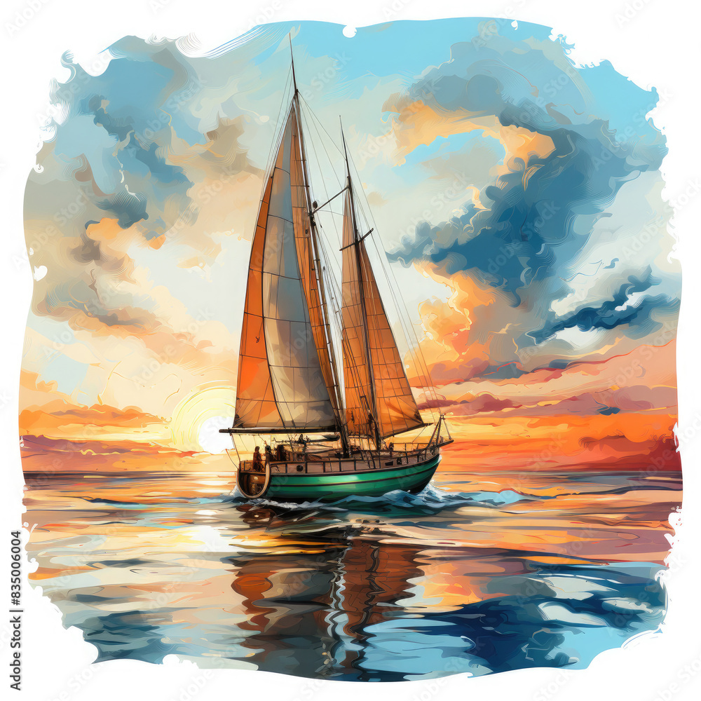 Fototapeta premium Watercolor Framed Sunset Sailboat Illustration, Generative Ai