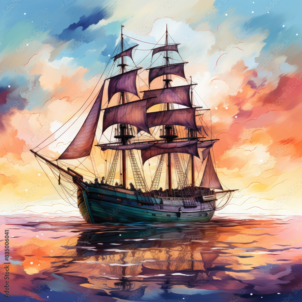 Obraz premium Watercolor Framed Sunset Sailboat Illustration, Generative Ai